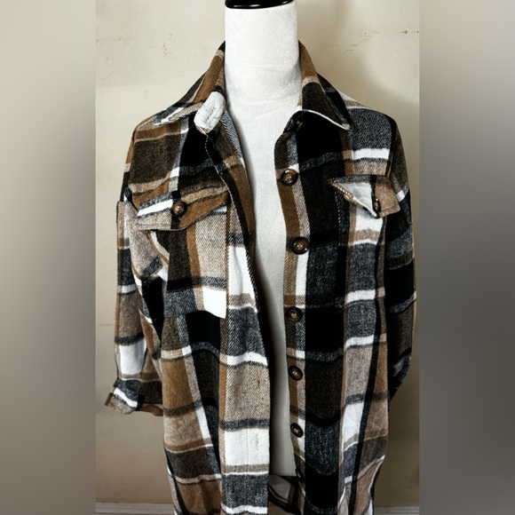 Shacket Duster khaki black plaid field jacket trench coat flannel Barn Chore - Picture 5 of 10